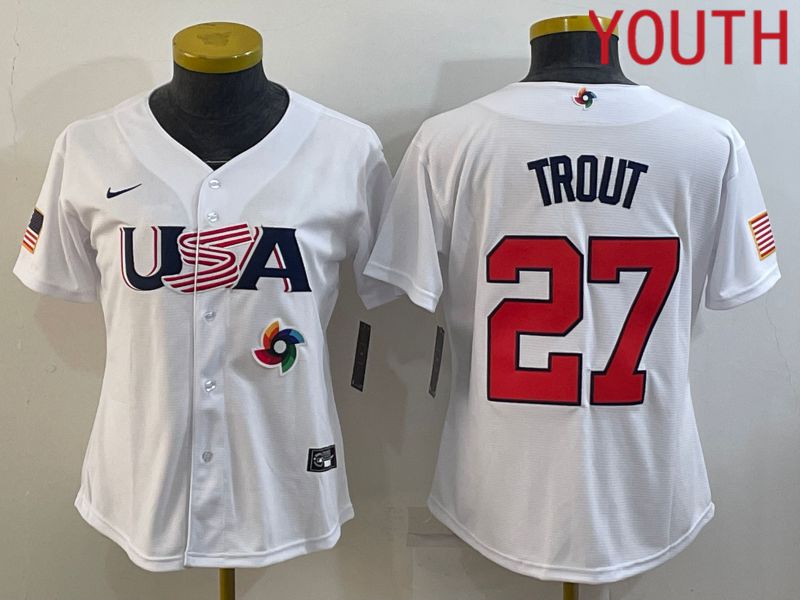 Youth 2023 World Cub USA #27 Trout White MLB Jersey8